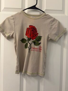 BDG Beige Tee with Red Rose Graphic